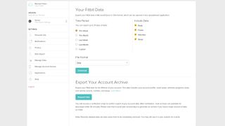 The Fitbit Data Export page showing custom date options for exporting workout and health history.