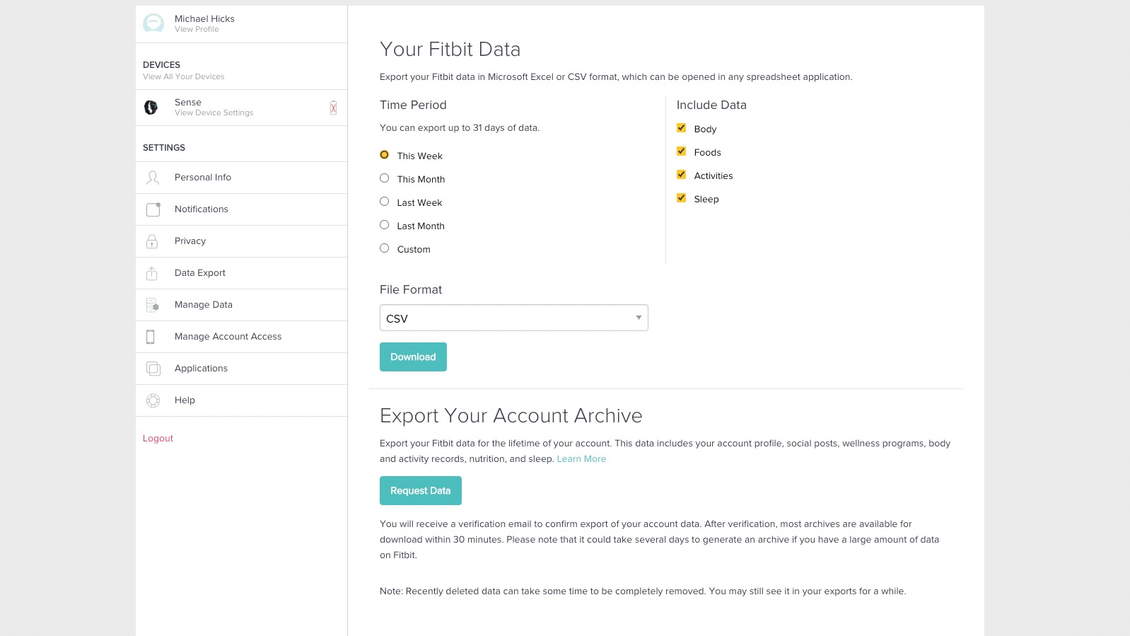 The Fitbit data export page with custom date options for exporting exercise and health history.