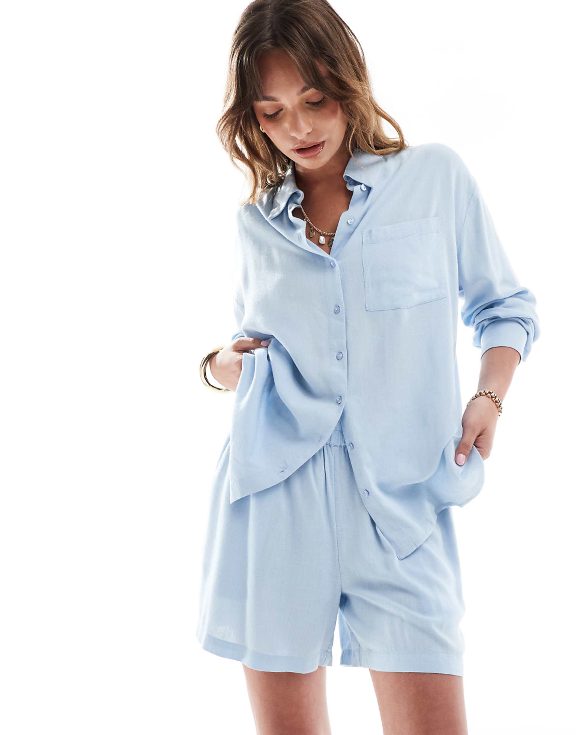 Pieces Linen Touch Shirt Co-Ord in Soft Blue