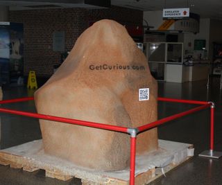 A synthetic Mars boulder on display in Boston at the Boston Museum of Science. Boston was designated one of eight 'Mars Cities' by Explore Mars for their 'Get Curious' campaign.