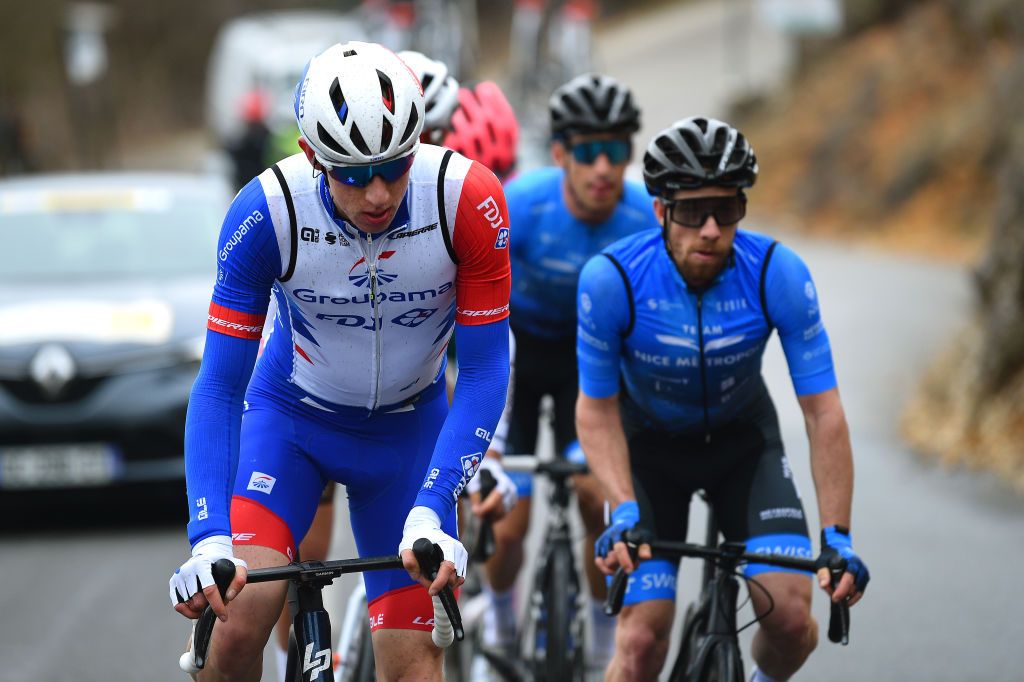 LA TURBIE FRANCE FEBRUARY 19 Lewis Askey of United Kingdom and Team Groupama FDJ competes in the breakaway during the 54th Tour Des Alpes Maritimes Et Du Var Stage 2 a 1491km stage from PugetThniers to La Turbie on February 19 2022 in La Turbie France Photo by Dario BelingheriGetty Images