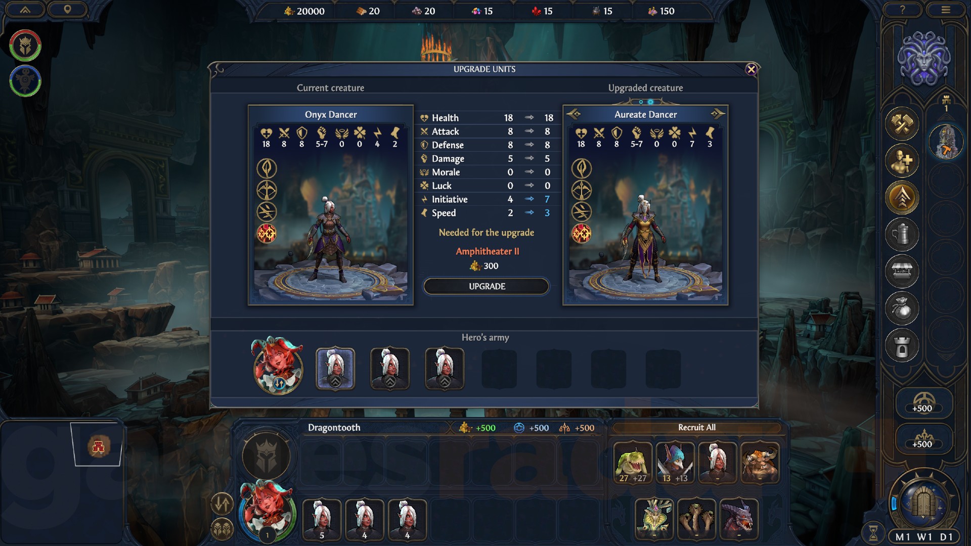 The unit recruitment screen for Dungeon, the best Heroes of Might and Magic Olden Era faction.