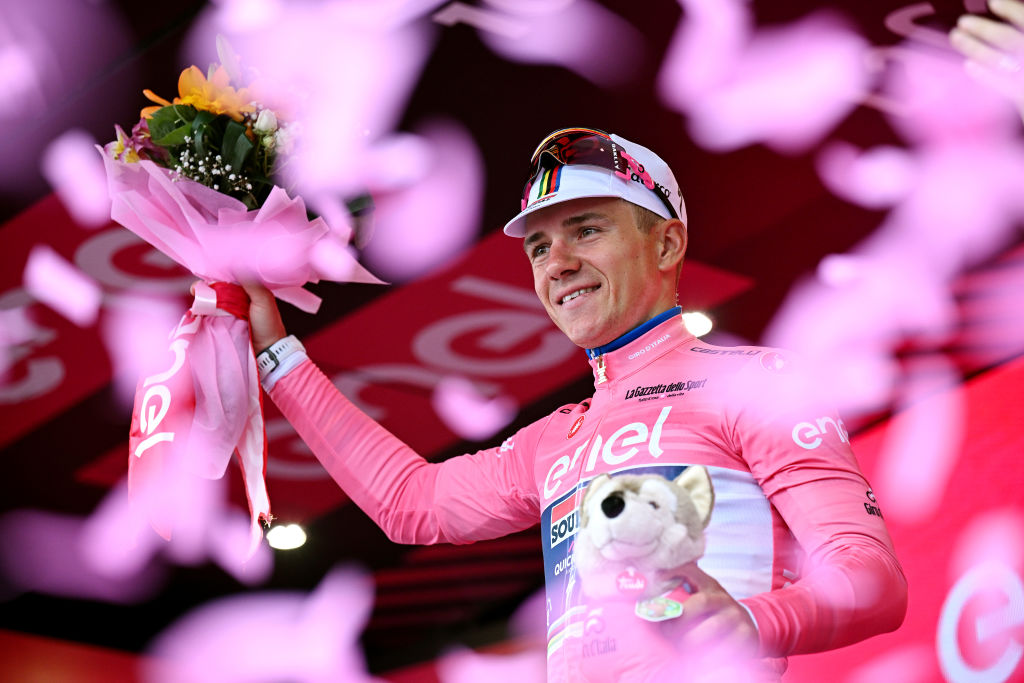 MELFI ITALY MAY 08 Remco Evenepoel of Belgium and Team Soudal Quick Step celebrates at podium as Pink Leader Jersey winner during the 106th Giro dItalia 2023 Stage 3 a 213km stage from Vasto to Melfi 532m UCIWT on May 08 2023 in Melfi Italy Photo by Stuart FranklinGetty Images