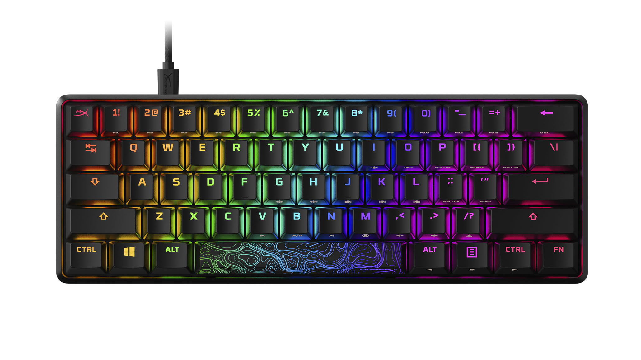 RGB-valoilla varustettu HyperX Alloy Origins 60 valkoisella taustalla