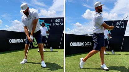 Two screenshots of Dustin Johnson hitting a drive