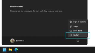 Windows 11 Start menu highlighting Restart