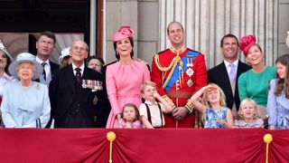 Queen Elizabeth II, Vice Admiral Timothy Laurence, Prince Philip, Duke of Edinburgh, Catherine, Duchess of Cambridge, Princess Charlotte of Cambridge, Prince George of Cambridge, Prince William, Duke of Cambridge, Savannah Phillips, Peter Phillips, Isla Phillips and Autumn Phillips stand on the balcony of Buckingham Palace during the Trooping the Colour parade on June 17, 2017 in London, England.