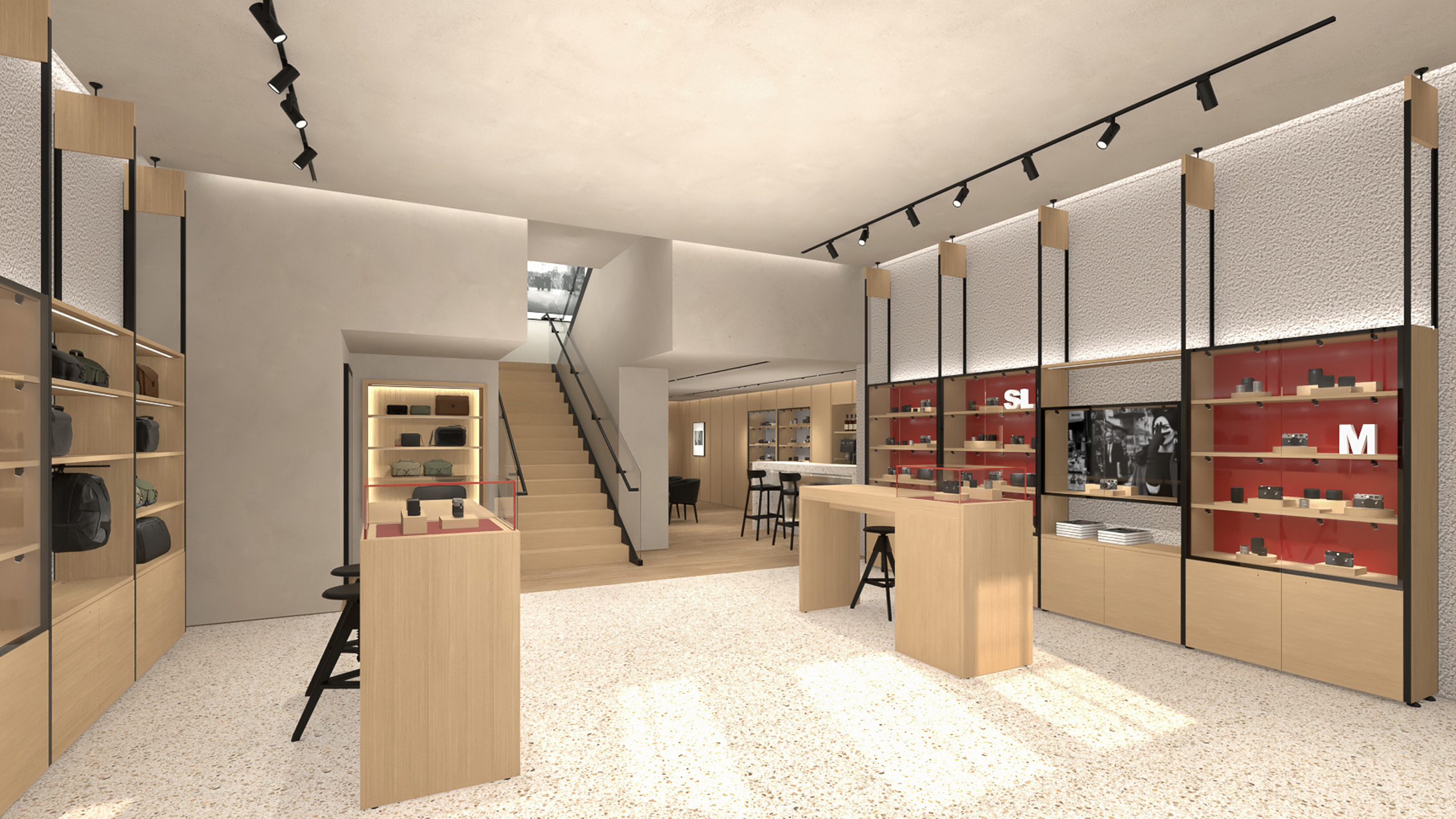 The Leica Chicago Store featuring multiple shelfs with Leica cameras