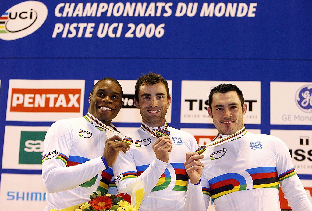 Bordeaux FRANCE French riders from L Gregory Bauge Mickael Bourgain and Arnaud Tournant celebrate their gold medal on the podium after they won the mens team sprint final during the UCI Track Cycling World Championships in Bordeaux 13 April 2006 AFP PHOTO Franck FIFE Photo credit should read FRANCK FIFEAFP via Getty Images