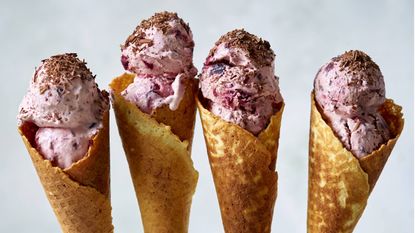 Cherry ice cream in cones