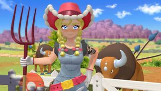 A screenshot of Kitt in Pokemon Champions, standing in front of two Tauros.