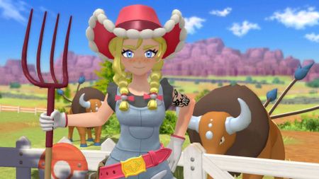 A screenshot of Kitt in Pokemon Champions, standing in front of two Tauros.