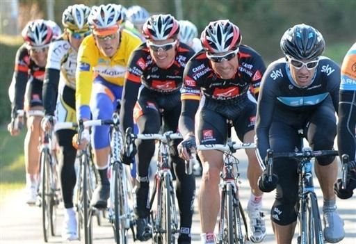 Overal leader Lars Boom tucked in behind the Caisse d'Epargne train after making the bridge to the front group.