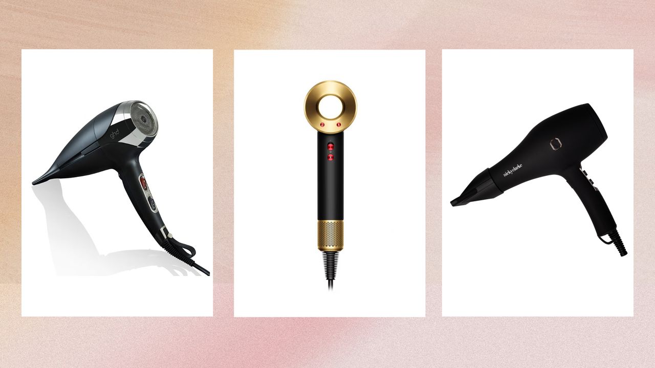 Collage of three of the best hair dryers featured in this guide from (left to right) ghd, Dyson and Nicky Clarke, in vertical boxes set against a pink and beige ombre background