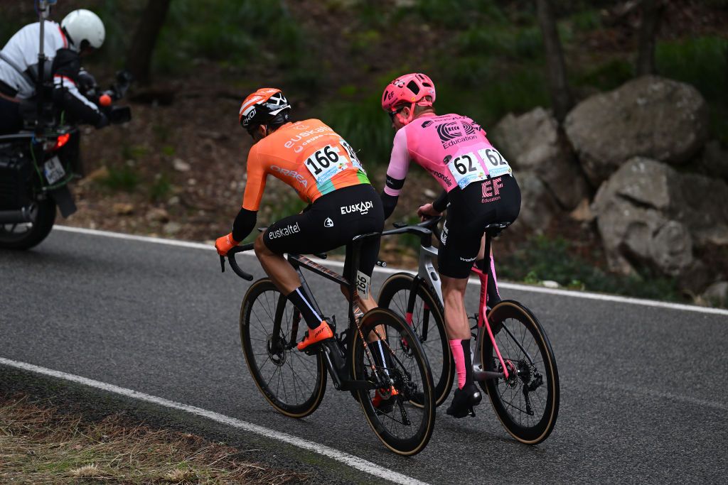 ALCUDIA SPAIN JANUARY 26 LR Luis Angel Mate of Spain and Team EuskaltelEuskadi and Julius Van den Berg of The Netherlands and Team EFEasyPost compete in the breakaway during the 32nd Challenge Ciclista Mallorca 2023 Trofeo Ses Salines Alcdia a 1586km one day race from Ses Salines to Por DAlcdia ChallengeMallorca on January 26 2023 in Alcudia Spain Photo by Dario BelingheriGetty Images