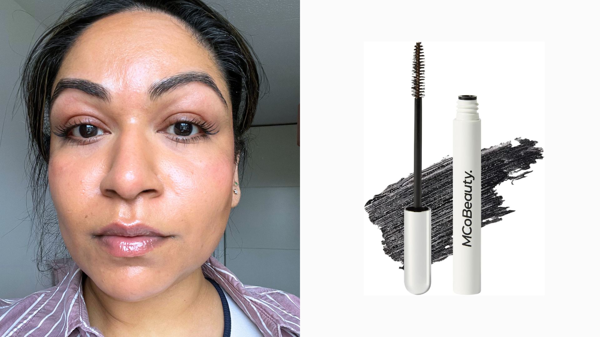Aleesha wearing MCoBeauty Xtendlash mascara, next to an image of the product