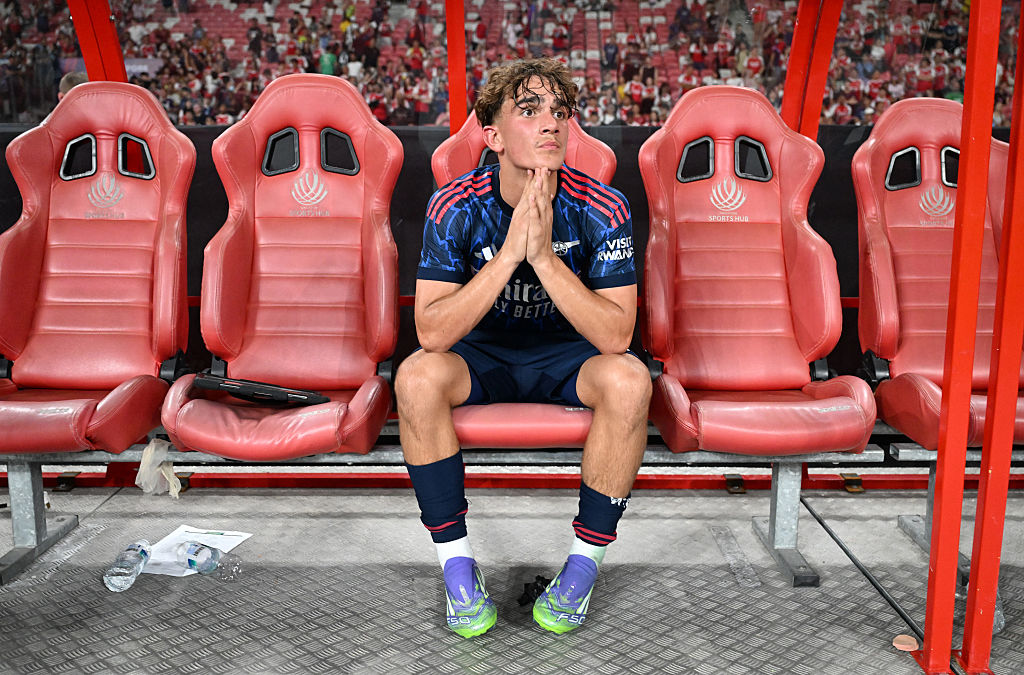 Max Dowman sitting on the bench for Arsenal