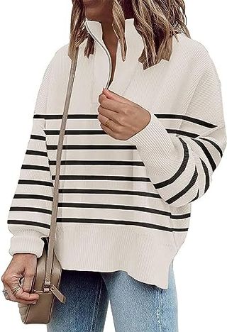 Womens Oversized Tunic Sweaters 1/4 Zipper Neck Knit Tops Casual Sweatshirt Pullover Stripes Sweater Side Split