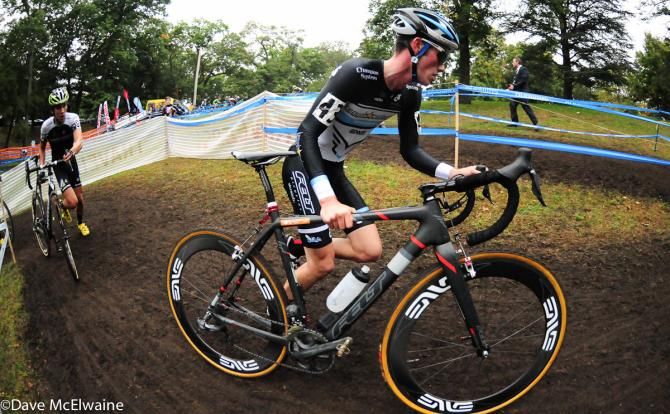 Jesse Keough (Keough Cyclocross) on the run between two sets of stairs