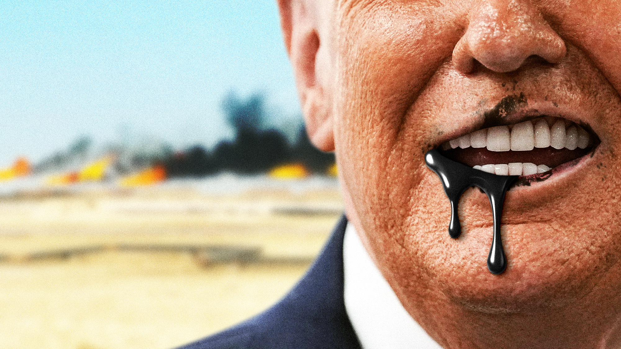 Illustration of Donald Trump with crude oil smeared around his mouth, standing in front of an oil field in the Gulf