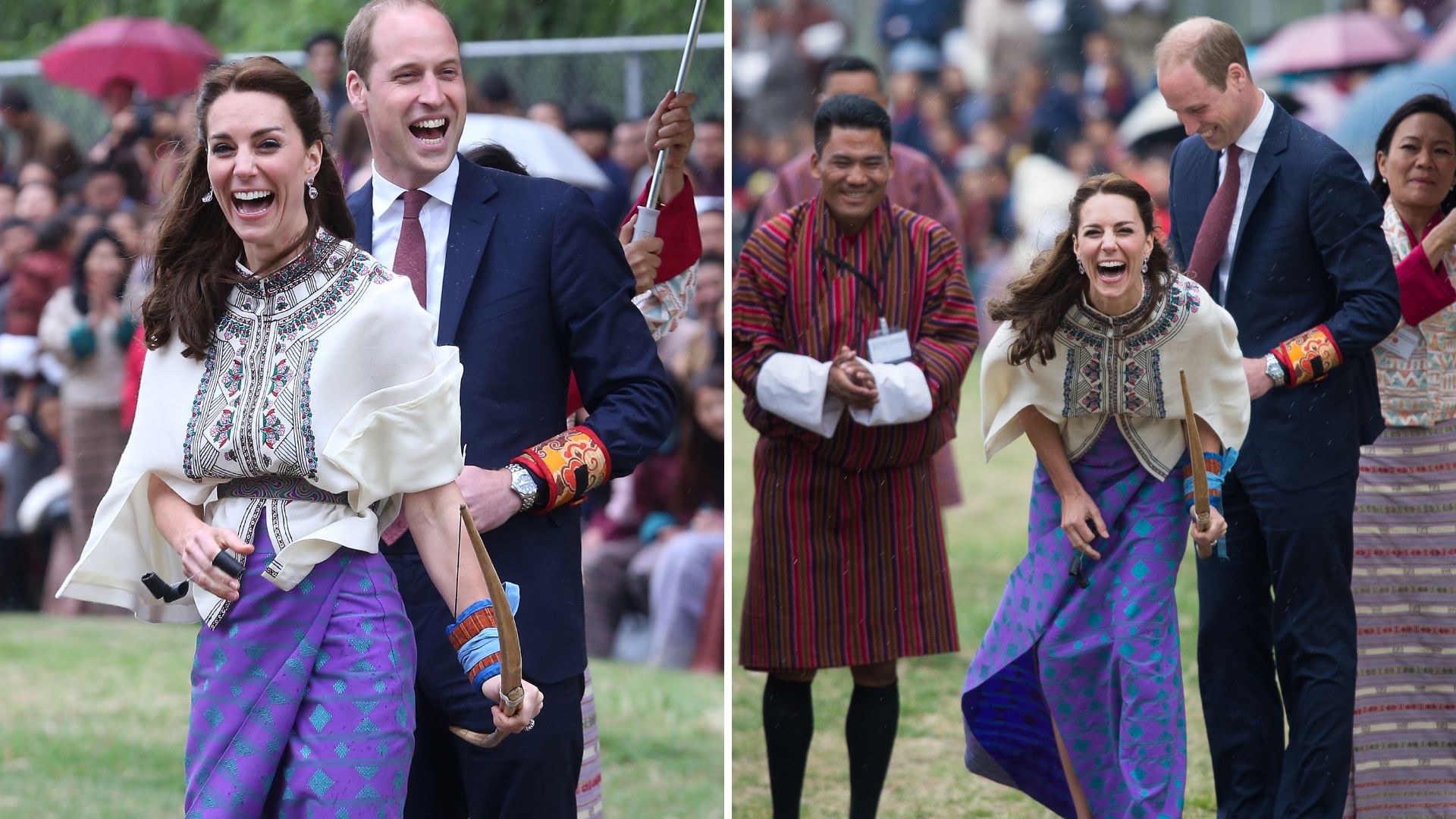 Two photos of Prince William and Kate Middleton shooting bow and arrows in Bhutan
