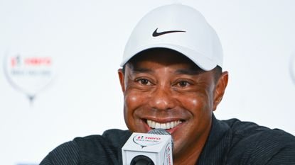 Tiger Woods talks to the media before the 2022 Hero World Challenge