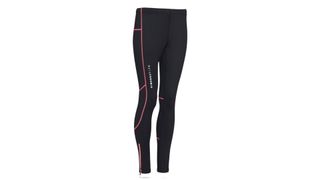 Black gym leggings from Higher State with red tube and logo branding down the leg