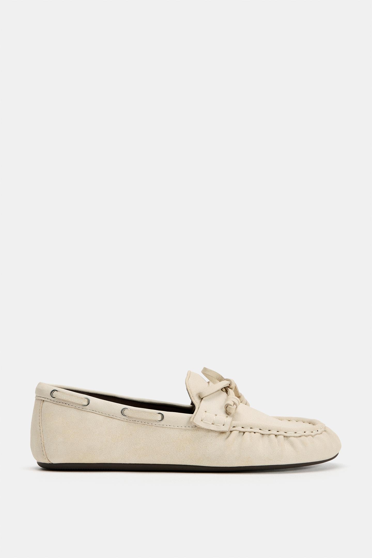 Leather Gathered Flat Loafers - White - 5