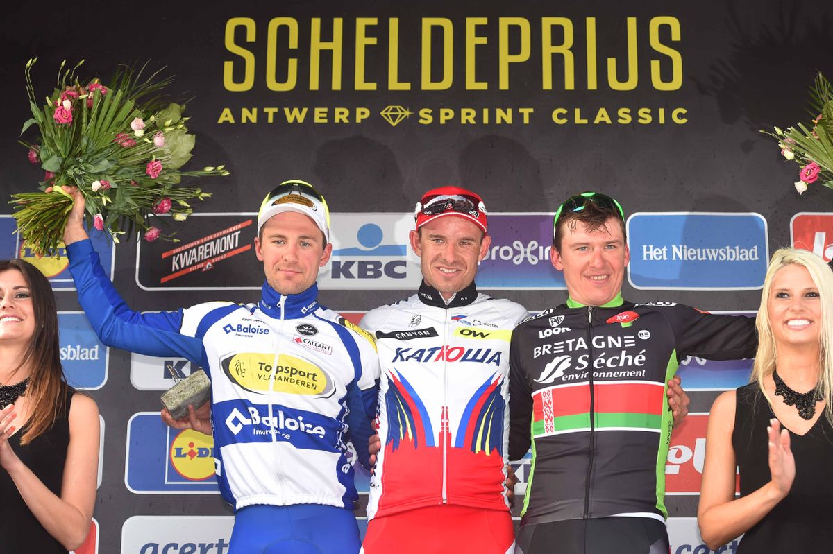 The Scheldeprijs podium: Edward Theuns, Alexander Kristoff and Yauheni Hutarovich