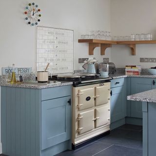 kitchen with blue cabinet and titles