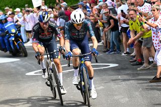 LELIORAN FRANCE JULY 10 LR Primoz Roglic of Slovenia and Team Red Bull BORA hansgrohe and Jonas Vingegaard Hansen of Denmark and Team Visma Lease a Bike compete in the breakaway during the 111th Tour de France 2024 Stage 11 a 211km stage from EvauxlesBains to Le Lioran 1239m UCIWT on July 10 2024 in Le Lioran France Photo by Tim de WaeleGetty Images