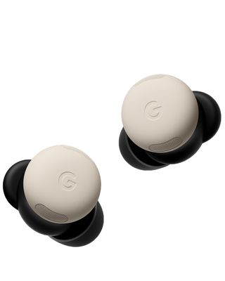 Google Pixel Buds Pro 2 earbuds in porcelain on white background.