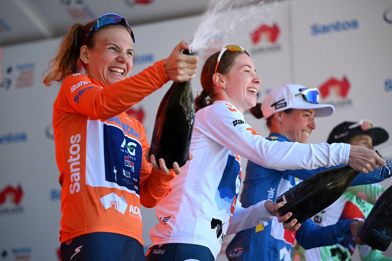 Sarah Gigante on the podium of the 2024 Tour Down Under