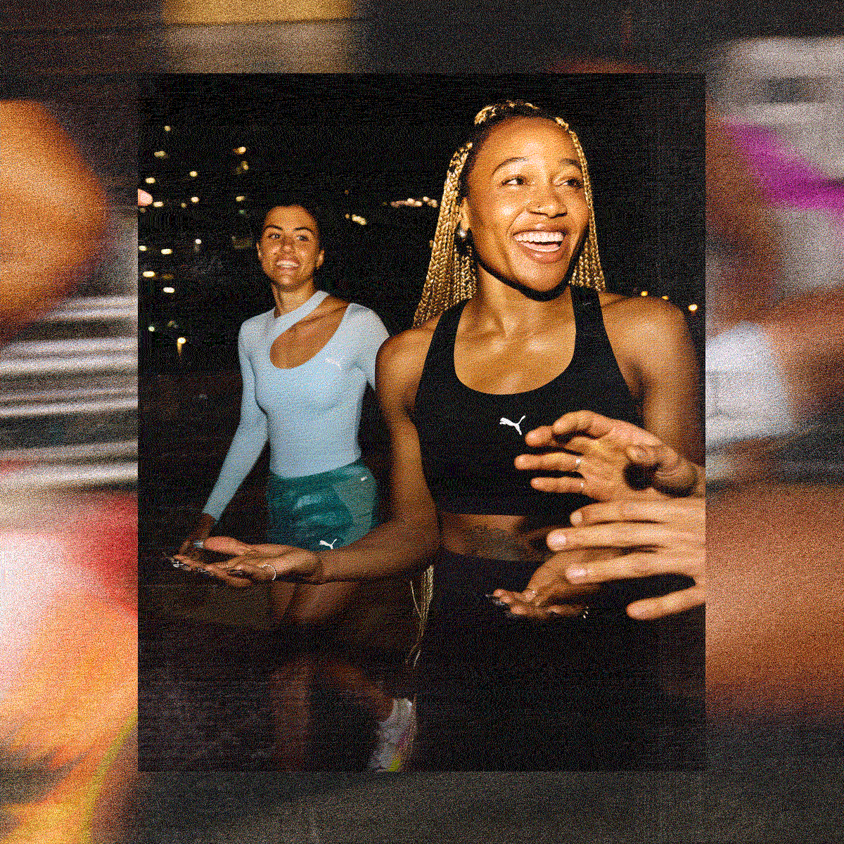 GIF cycling between photos of women runners at a nighttime race. One frame shows runners in motion, including a woman in a bright pink top mid-stride and another catching her breath after finishing, medal around her neck. The next frame shows runners laughing and celebrating together.