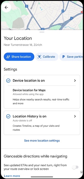 Tapping your blue dot in Maps will display location data and settings to toggle.