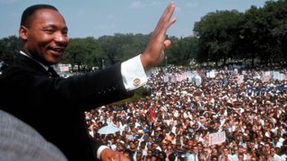 Dr. Martin Luther King Jr. delivers his "I Have a Dream" speech to a huge crowd gathered on the Mall in Washington, D.C., on Aug. 28, 1963, during the March on Washington for Jobs & Freedom (also called the Freedom March). 