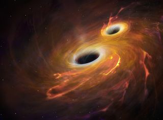 This artistic interpretation shows two black holes on a collision course. In the newfound system called SDSS J084905.51+111447.2, three supermassive black holes are about to merge.