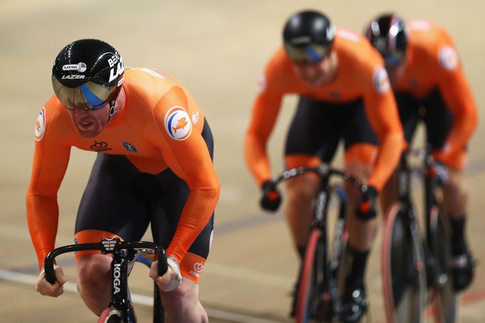 Roy van den Berg, Harrie Lavreysen and Jeffrey Hoogland of the Netherlands compete in the Men's team sprint qualifying on day one of the UCI Track Cycling World Championships