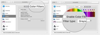Click Display on the menu on the left, choose the Color Filters tab. Select the checkbox next to Enable Color Filters. Choose Grayscale as your option