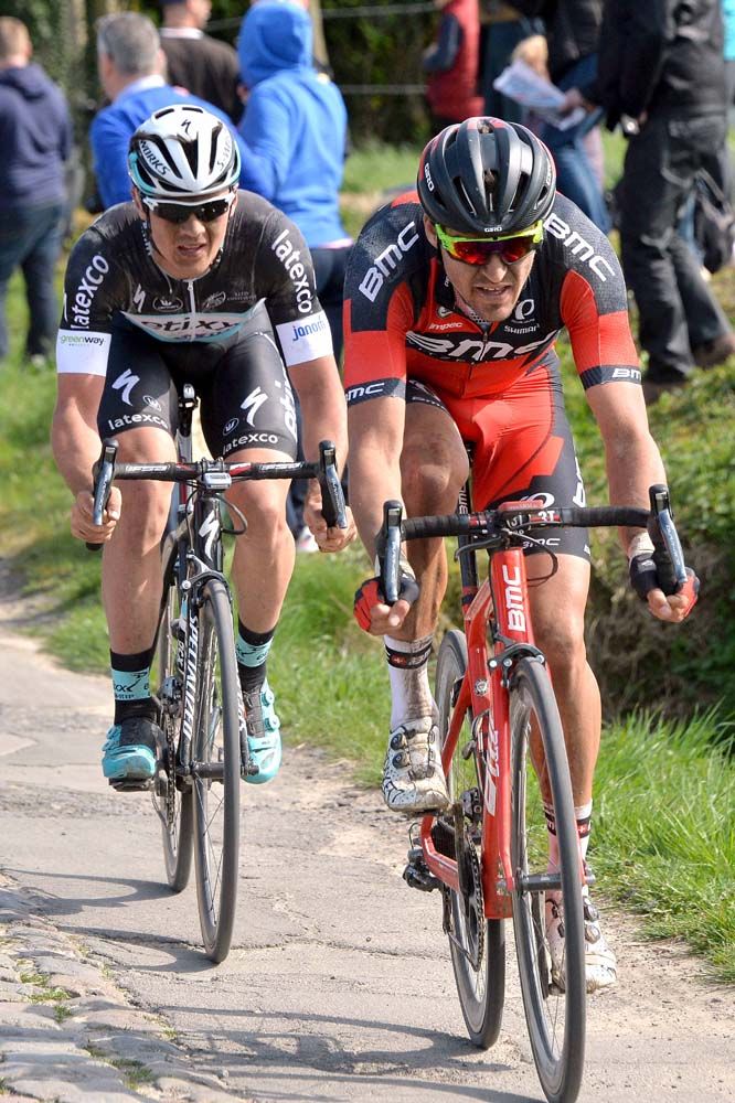 Late attackers Yves Lampaert (Etixx-Quick-Step) and Greg Van Avermaet (BMC)