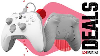 The wired version of the Scuf Valor Pro is seen in white, from the front and the back. They both float in the funky PCG deals void.