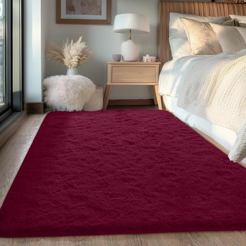 Fvvrax 120x180cm Burgundy Red Shaggy Rug &amp;ndash; Soft Fluffy Area Rug for Living Room &amp;amp; Bedroom, Non-Slip Plush Carpet for Kids, Nursery, Dorm, Machine Washable Large Floor Mat