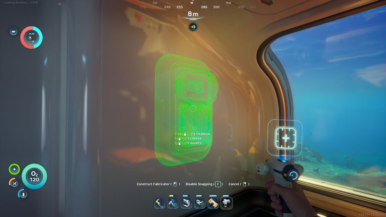 Subnautica 2 fully functional Fabricator: A player placing a Fabricator on a wall inside their base.