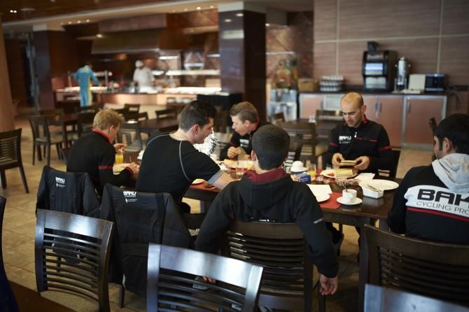 Synergy Baku's riders at breakfast in Calpe.
