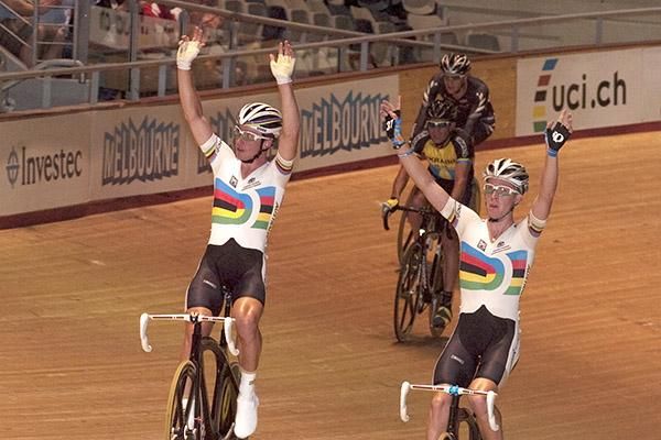 World champions Cameron Meyer and Leigh Howard celebrate winning the Madison in Melbourne