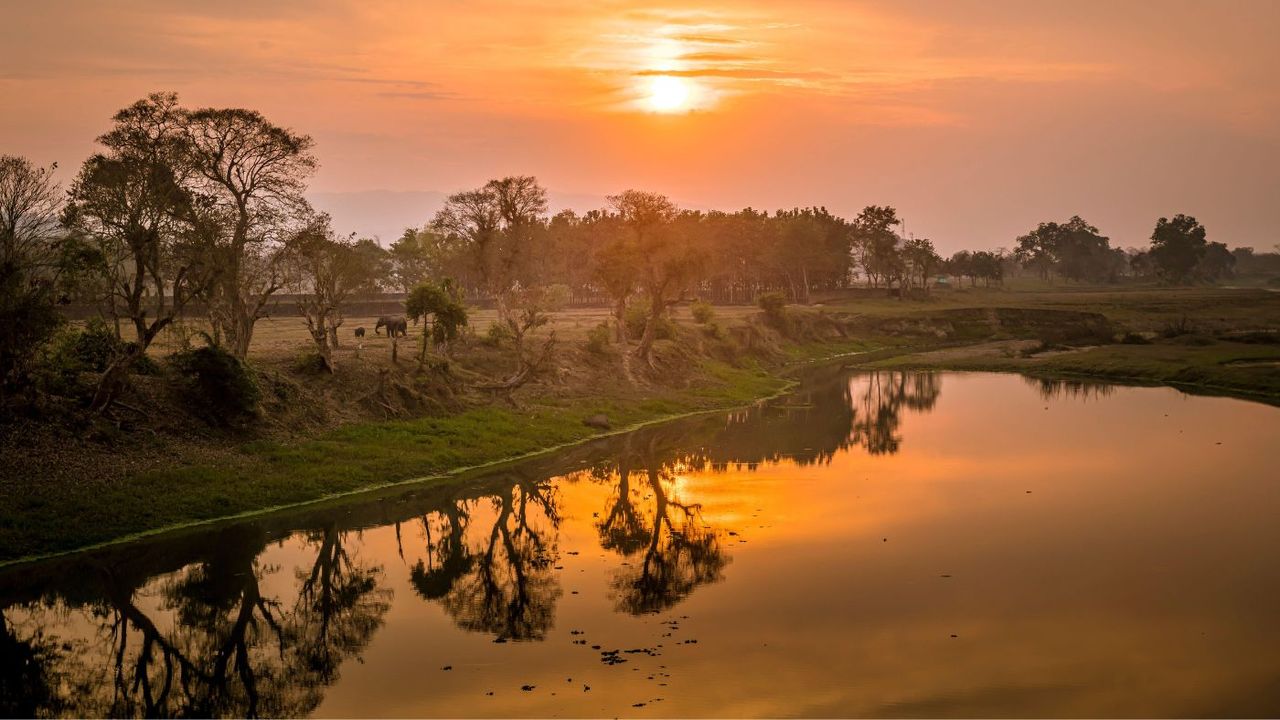 Sunset over Kaziranga National Park and the Brahmaputra river in India