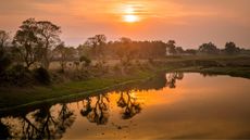 Sunset over Kaziranga National Park and the Brahmaputra river in India
