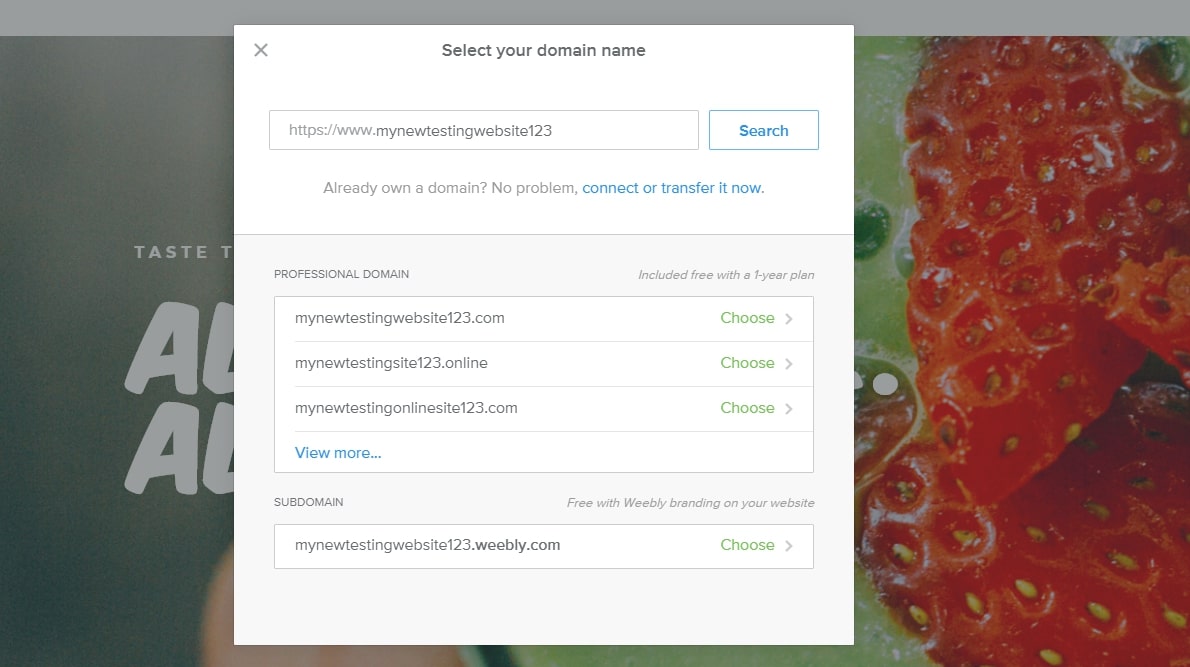 The Weebly options menu for domain names