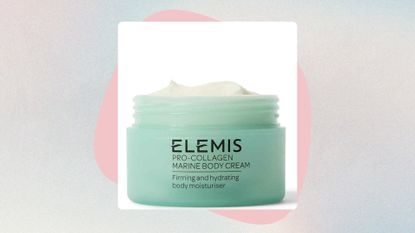 elemis marine body cream pictured on a pink and holographic background with the lid off