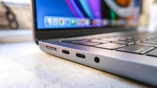 The MacBook Pro 2021 (14-inch)'s MagSafe 3 and Thunderbolt 4 ports alongside its and headphone jack